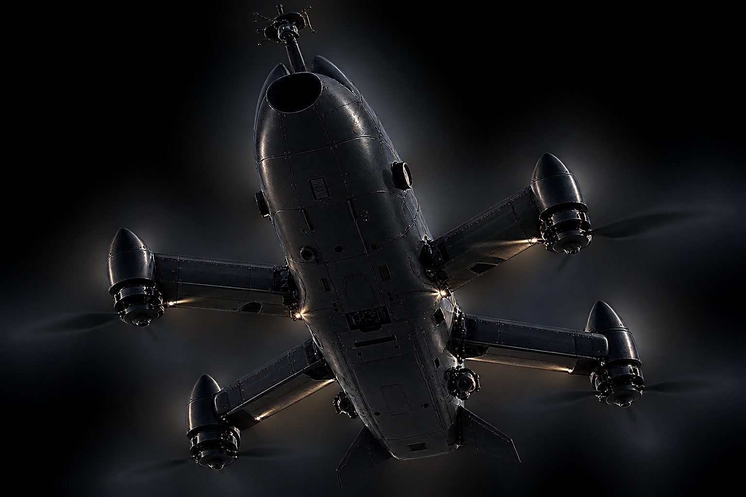 Greater Robotics AI-commanded interceptor drone in flight against a dark background